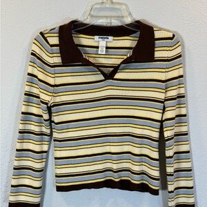 RSQ Women's Long Sleeve Striped Top - Yellow, Brown, and beige‎ crop stretch